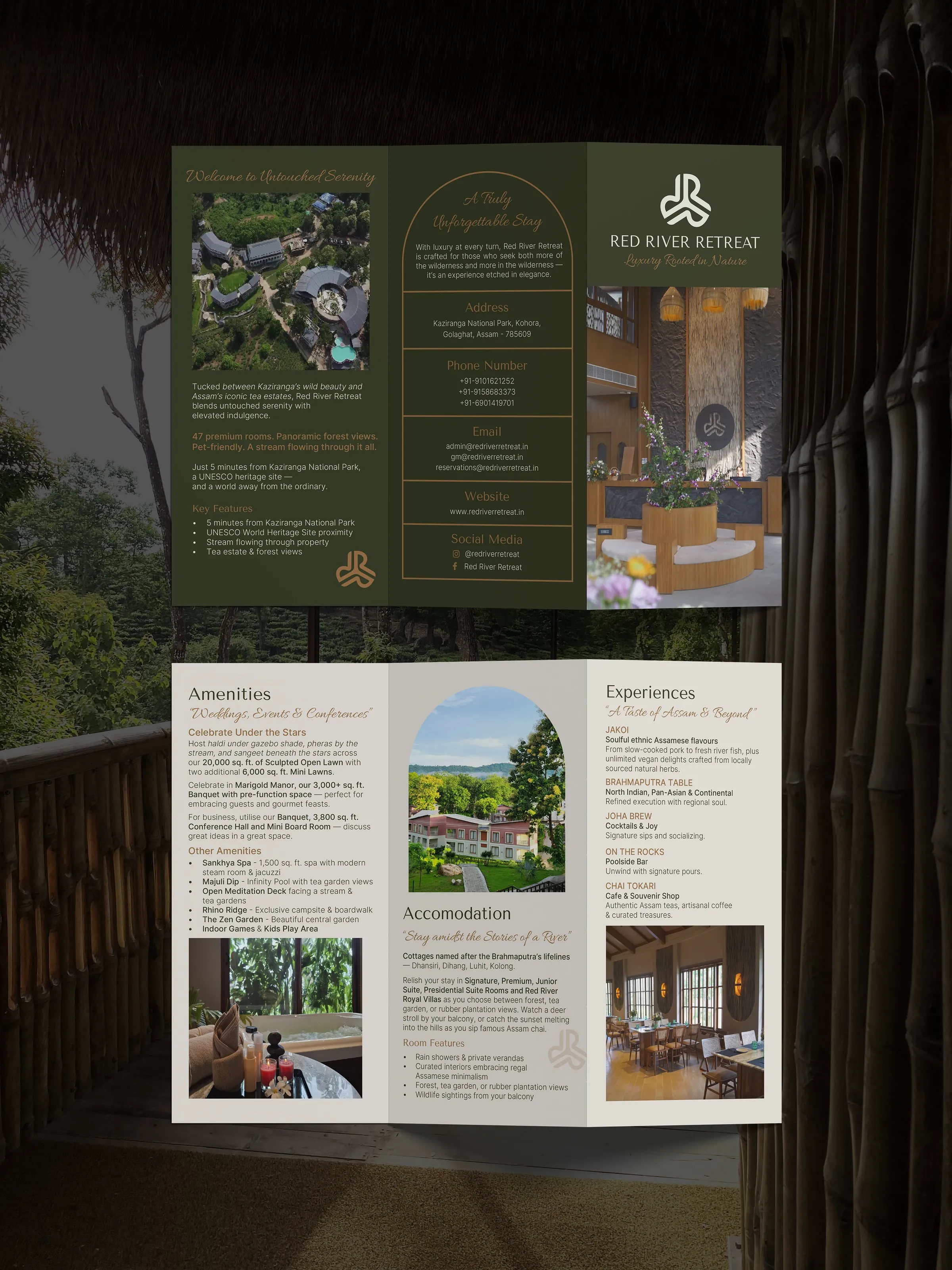Tri-fold property brochure spread covering amenities, accommodation and dining